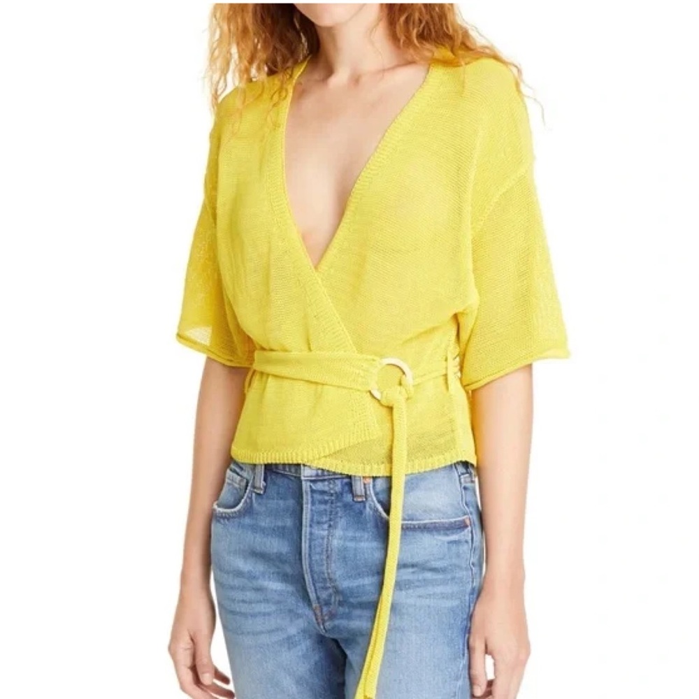 FREE PEOPLE Hello Yellow Tie Waist Knitted Cropped Textured Boho Cardigan XS